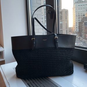 Saint Laurent Black Raffia and Leather Shopping Tote